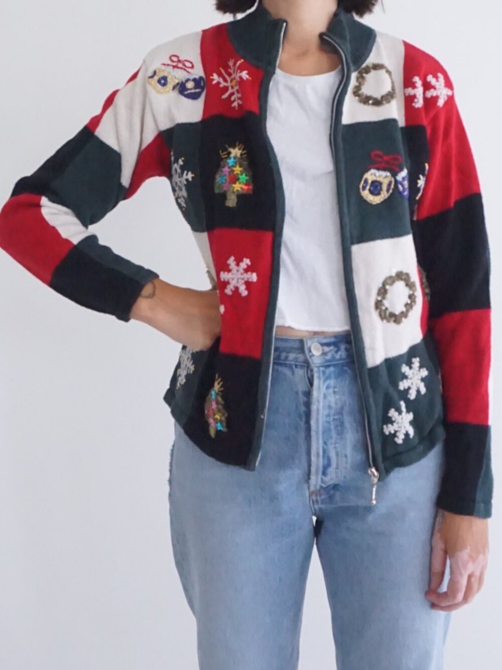 Vintage Dress Barn Red Christmas Snowflake Wreath Ornament Tree Zip Cardigan M